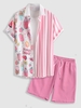 Ensemble de Chemise Rayée Motif de Glace à Manches Courtes et de Short de Base Taille unique Rose clair