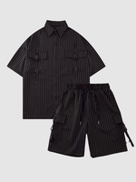 Ensemble de Chemise Rayée Motif Seau et Short Cargo Design avec Multi-Poches L Noir