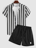 Ensemble de Chemise Rayure Verticale à Col Debout et de Short en Couleur Unie à Cordon Taille unique Noir