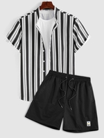 Ensemble de Chemise Rayure Verticale à Col Debout et de Short en Couleur Unie à Cordon Taille unique Noir