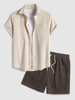 Ensemble de Chemise Simple avec Poche en Avant à Manches Courtes en Couleur Unie et Short Texturé Taille unique Café lumière