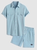 Ensemble de Chemise Simple Texturée avec Poche à Rabat et de Short Applique Taille unique Bleu clair