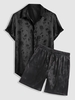 Ensemble de Chemise Soyeuse Motif de Rose en Satin en Jacquard à Manches Courtes et de Short Taille unique Noir