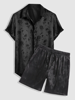 Ensemble de Chemise Soyeuse Motif de Rose en Satin en Jacquard à Manches Courtes et de Short Taille unique Noir
