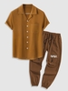 Ensemble de Chemise Surpiquée à Manches Courtes et Pantalon à Cordon avec Multi-Poches à Lettre Graphique Taille unique Café