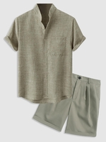 Ensemble de Chemise Texturée en Coton et Lin en Couleur Unie et de Short Taille unique Vert clair
