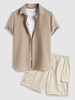 Ensemble de Chemise Texturée en Couleur Unie à Manches Courtes et de Short Cargo Droit à Cordon Taille unique Café lumière