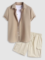 Ensemble de Chemise Texturée en Couleur Unie à Manches Courtes et de Short Cargo Droit à Cordon Taille unique Café lumière