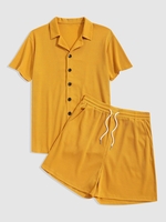 Ensemble de Chemise Texturée en Couleur Unie et de Short à Cordon L Deep yellow