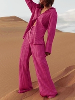 Ensemble de Chemise Texturée Plissée et de Pantalon à Jambe Large S Rose clair