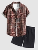 Ensemble de Chemise Vintage Boutonnée à Imprimé Géométrique et de Short de Base Décontracté Taille unique Café