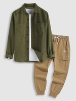 Ensemble de Chemise Vintage Manches Longues en Velours Côtelé et de Pantalon Cargo de Jogging Taille unique Multi a