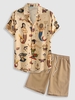 Ensemble de Chemise Vintage Motif de Sirène à Manches Courtes et de Short Décontracté Taille unique Café lumière