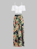 Ensemble de Chemisier à Imprimé Fleuri à Epaule Dénudée à Manches Bouffantes et Pantalon Fendu à Jambe Large Taille unique Multi a