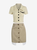 Ensemble de Chemisier Court Boutonné avec Poche Contrastée et de Mini Jupe Superposée Taille unique Café lumière