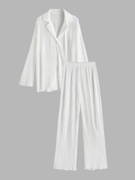Ensemble de Chemisier Plissé Boutonné avec Pantalon L Blanc