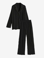 Ensemble de Chemisier Plissé Boutonné avec Pantalon M Noir