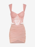 Ensemble de Débardeur Corset Applique Fleuri en Maille Transparente à Armature et de Jupe Moulante Taille unique Rose clair