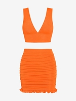 Ensemble de Débardeur Court Brillant Plongeant sans Dos et de Jupe Brillante à Volants Taille unique Orange foncé