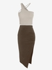 Ensemble de Débardeur Court Côtelé à Col Asymétrique et de Jupe Fendue Froncée à Cuisse(Tissu Hautement Extensible) Taille unique Café lumièr