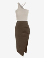Ensemble de Débardeur Court Côtelé à Col Asymétrique et de Jupe Fendue Froncée à Cuisse(Tissu Hautement Extensible) Taille unique Café lumièr