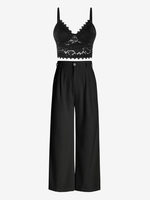 Ensemble de Débardeur Court Découpé en Dentelle et Pantalon avec Poches à Jambes Larges Taille unique Noir