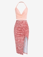 Ensemble de Débardeur Court Sanglé Noué en Avant à Col Bénitier et de Jupe Asymétrique Fleurie Taille unique Rose clair
