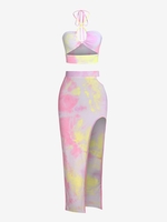 Ensemble de Débardeur Courte Teintée Croisée à Col Halter et de Jupe Découpée Fendue Taille unique Multi a