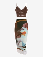 Ensemble de Débardeur Croisé et Jupe Mi-longue à Taille Haute à Imprimé Abstrait Taille unique Café