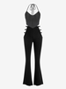 Ensemble de Débardeur Découpé en Maille Transparente à Col Halter et Pantalon Bootcut Texturé à Taille Découpée Taille unique Noir