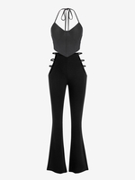 Ensemble de Débardeur Découpé en Maille Transparente à Col Halter et Pantalon Bootcut Texturé à Taille Découpée Taille unique Noir