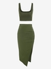 Ensemble de Débardeur en Tricot Côtelé et Jupe Mi-longue à Fente Élevée Taille unique Vert
