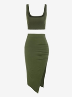 Ensemble de Débardeur en Tricot Côtelé et Jupe Mi-longue à Fente Élevée Taille unique Vert