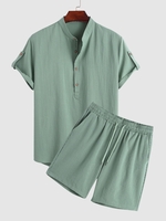 Ensemble de Deux Pièces avec Chemise à Demi-Bouton à Manches Roulées et Short à Cordon L Vert