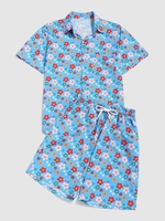 Ensemble de Deux Pièces avec Chemise à Imprimé Fleuri Partout et Short Xxl Bleu de soie