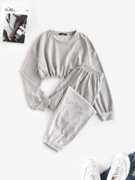 Ensemble de Deux Pièces Sweat-shirt Court et de Pantalon de Jogging Pour Femme L Gris
