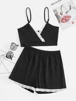Ensemble de Haut à Bretelle en Tricot à Brodure en Dentelle et de Short S Noir