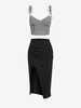 Ensemble de Haut à Epaule Nouée en Vichy et de Jupe Drapée Fendue Taille unique Noir