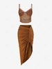 Ensemble de Haut Bustier à Imprimé Feuille en Tulle à Bretelle Dentelle et de Jupe Asymétrique Taille unique Café
