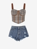 Ensemble de Haut Corset à Carreaux et de Short Coupé en Denim Taille unique Café