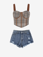 Ensemble de Haut Corset à Carreaux et de Short Coupé en Denim Taille unique Café
