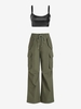 Ensemble de Haut Court à Bretelle à Col U et de Pantalon Parachute Cargo Droit à Cordon Taille unique Noir