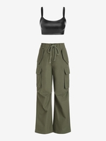 Ensemble de Haut Court à Bretelle à Col U et de Pantalon Parachute Cargo Droit à Cordon Taille unique Noir