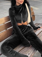 Ensemble de Haut Court à Demi-Zip à Manches Longues en Velours et Pantalon de Jogging Deux Pièces S Noir