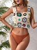 Ensemble de Haut Court Au Crochet Carré et de Slip de String Taille unique Café lumière