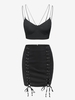 Ensemble de Haut Court Bustier à Bretelle à Chaîne et de Mini Jupe en Couleur Unie à Lacets Taille unique Noir