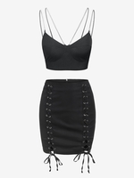 Ensemble de Haut Court Bustier à Bretelle à Chaîne et de Mini Jupe en Couleur Unie à Lacets Taille unique Noir