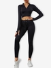 Ensemble de Haut Court Côtelé à Demi-Zip avec Legging de Sport Yoga Tricoté Gymnase d