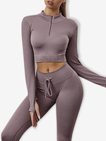 Ensemble de Haut Court Côtelé à Demi-Zip avec Legging de Sport Yoga Tricoté Gymnase d