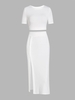 Ensemble de Haut Court Côtelé et de Jupe Mi-Longue Fendue S Blanc